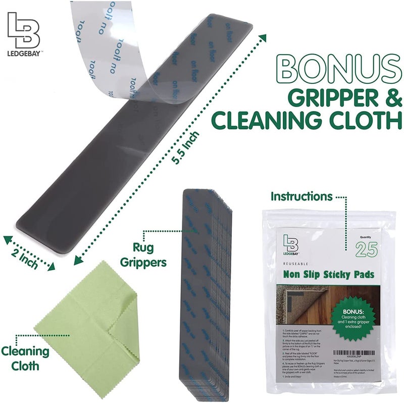 Ledgebay Rug Pad Grippers for Area Rugs Pack of 25 Reusable, No Skid, Washable, Anti-Slip Pads, Rug Gripper for Hardwood Floors and Tile with Double-Sided, Self Adhesive Rug Tape to Keep Rugs Flat - Image 2